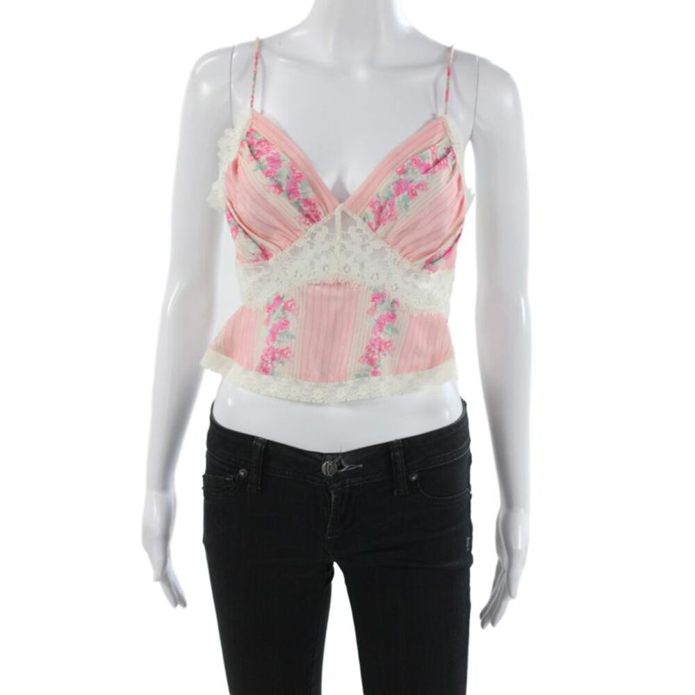 Love Shack Fancy Women Pink Floral V Neck Sleeveless Cropped Camisole Size S